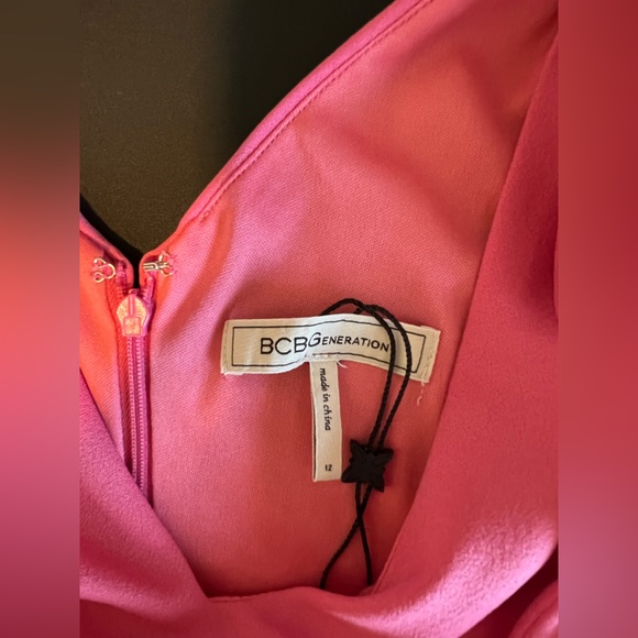 NWOT BCBGeneration Fit & Flare Tie Shoulder Mini Dress Flounce Hem VNeck Pink 12 - Picture 6 of 12